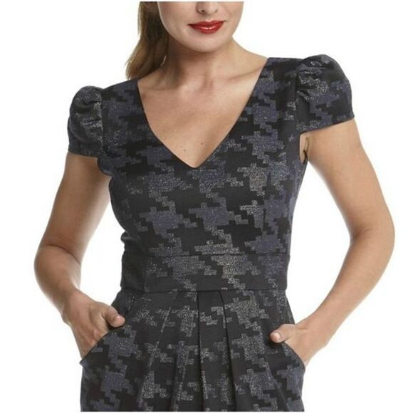 New! NINE WEST Metallic Houndstooth Jacquard Sheath Dress With Pockets Size 12 - Picture 2 of 3